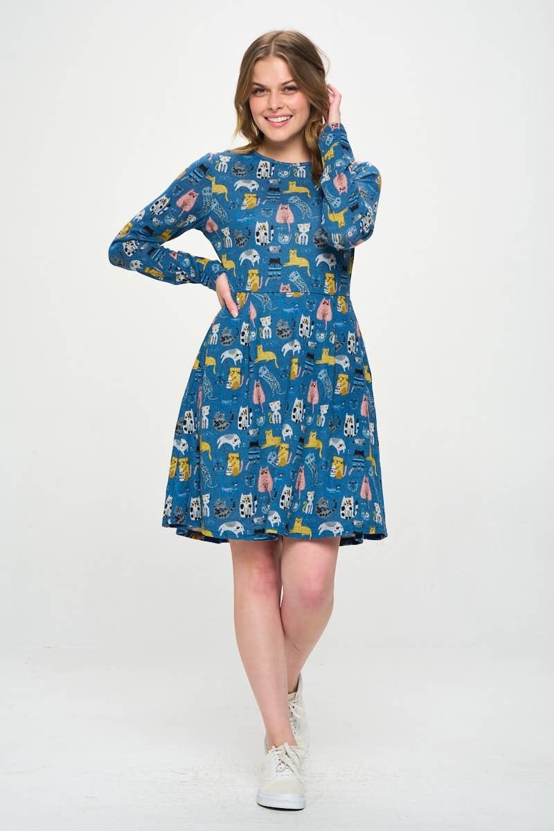 Blue Colorful Cat Dress