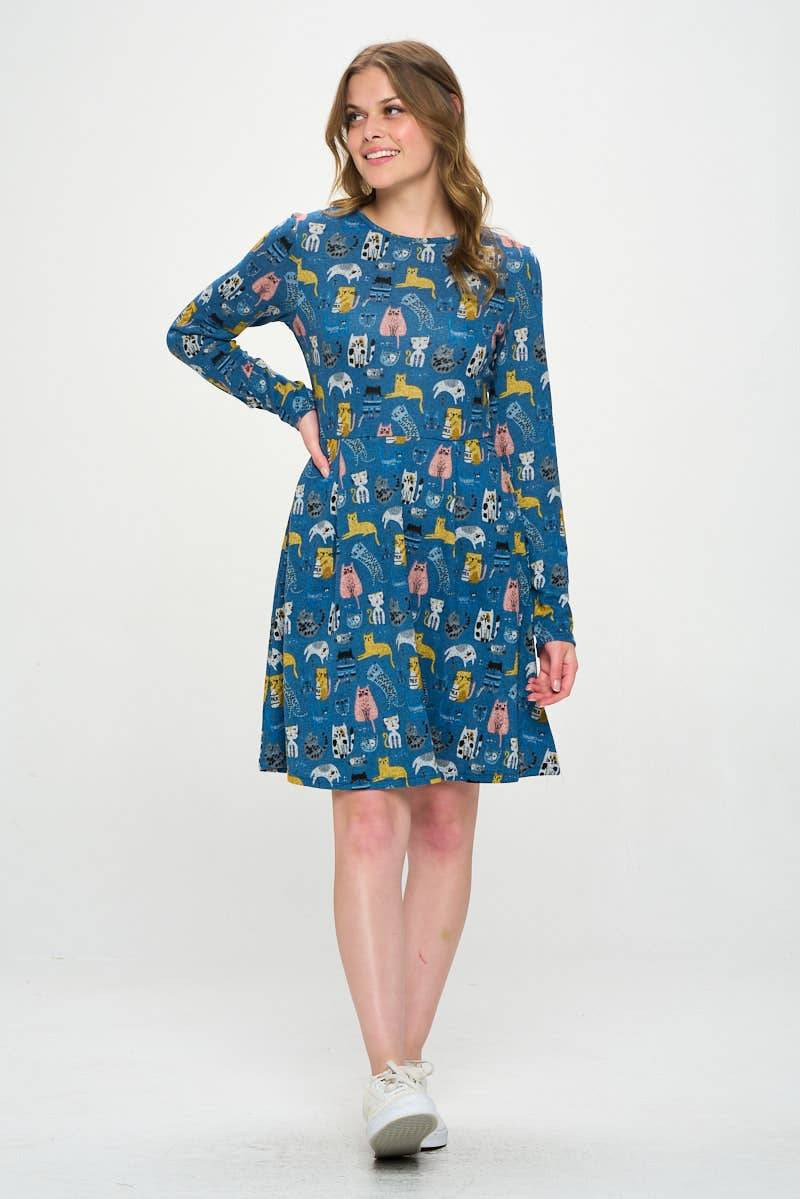 Blue Colorful Cat Dress