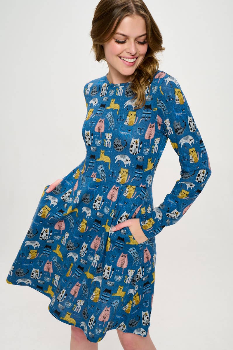 Blue Colorful Cat Dress